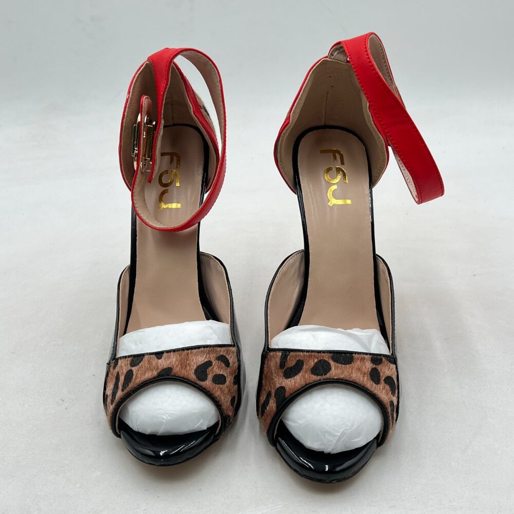 Leopard Print Red Ankle-Strap Stiletto Sandals - Picture 2 of 7
